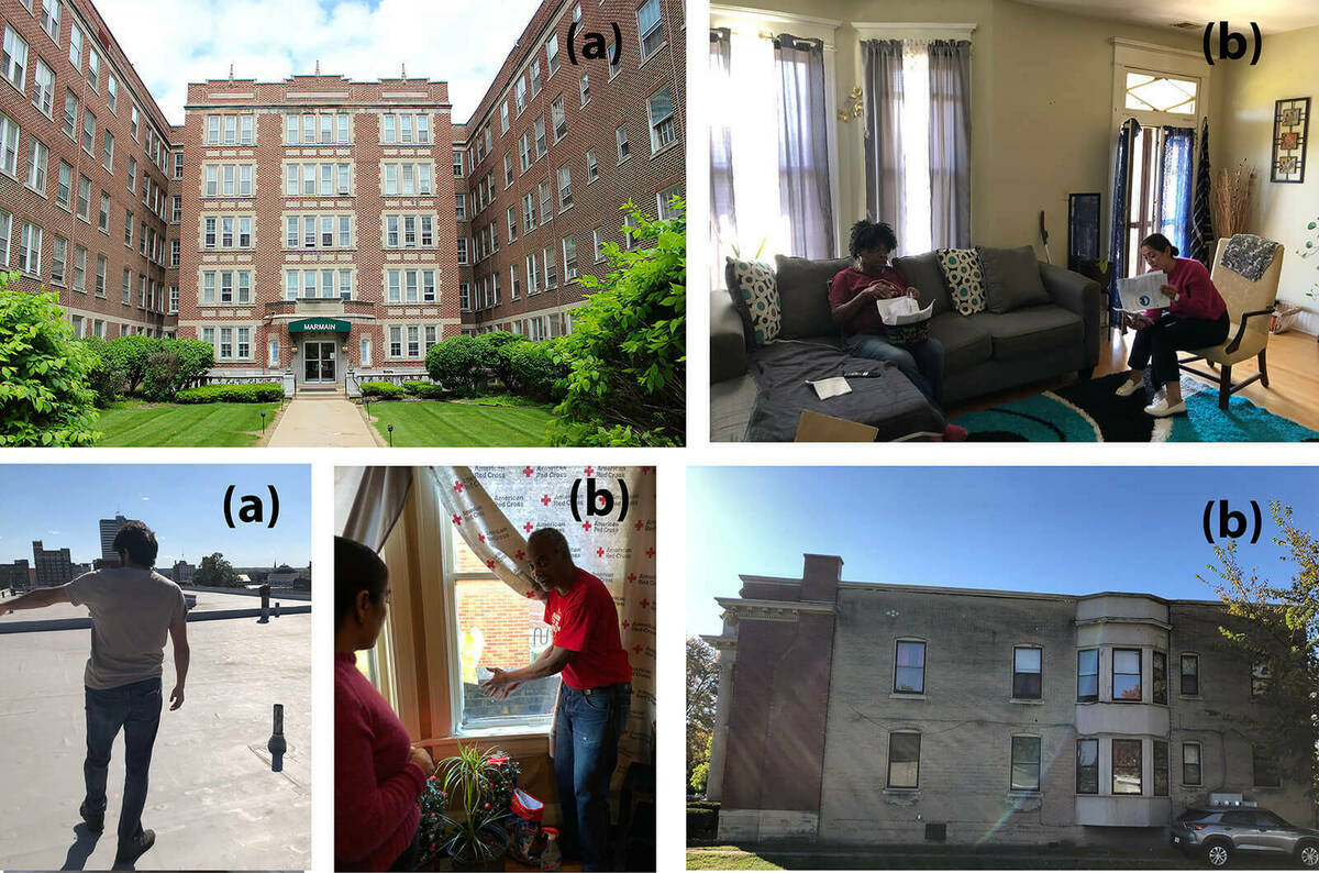 Five-panel image showing different perspectives of community resilience. Top left: Marmain Apartments. Top right: Two people review paperwork indoors. Bottom left: A person gestures from a rooftop while another stands inside by a window. Bottom right: A Red Cross volunteer speaks with a resident inside, next to a window draped with an American Red Cross blanket. An exterior view of an older brick building is visible in the bottom right corner.
